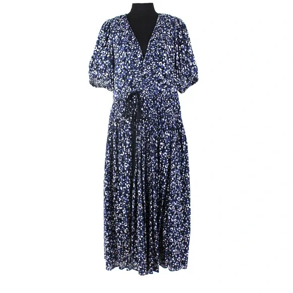 Ulla Johnson Kemala Dress Indigo Blue Wrap Tie Front Puff Sleeve Swing Midi 12 - Picture 2 of 8